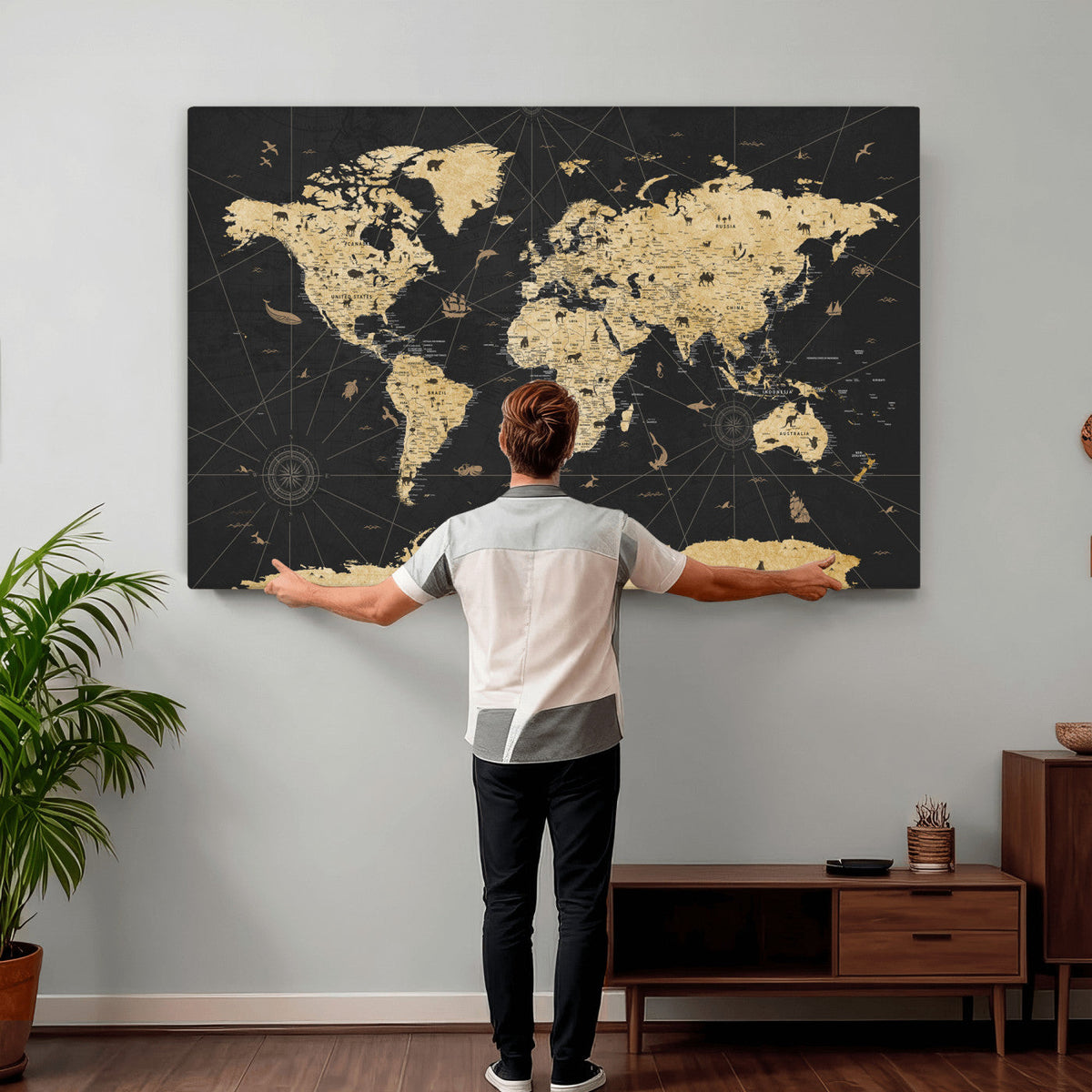 Vintage Blue and Brown World Map Canvas Wall Art | Framed Rustic Map Print