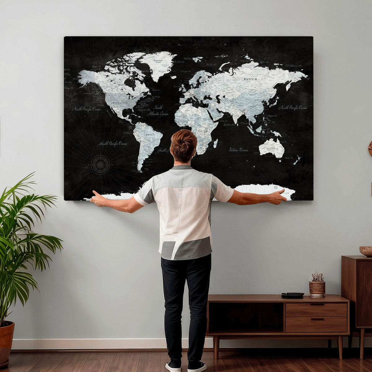World Map Canvas Print | Framed Push Pin Wall Art, Color Splash Travel Map