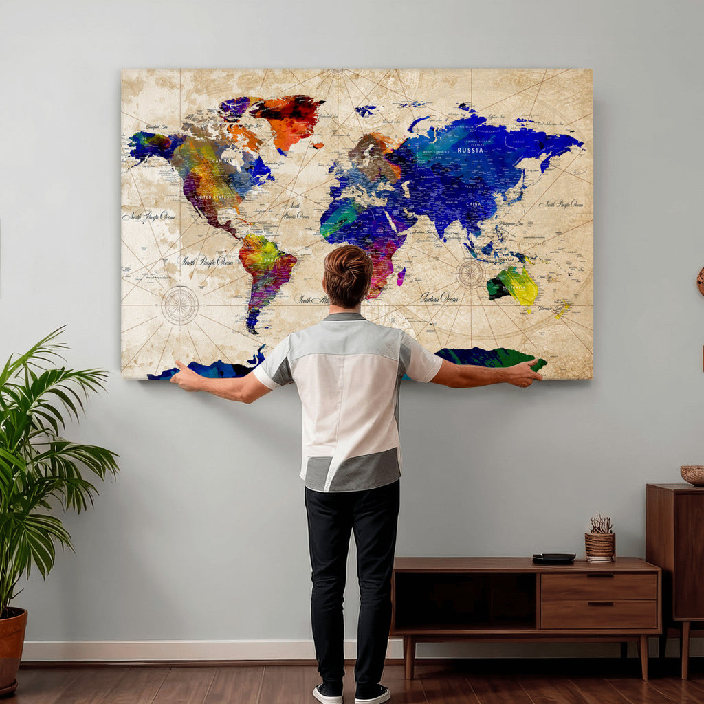 Watercolor World Map Canvas Print | Framed Wall Art for Couples