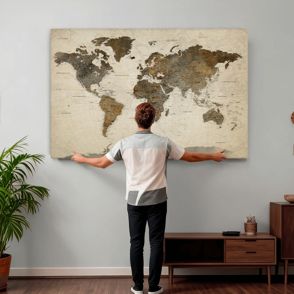 Vintage World Map Canvas Wall Art | Framed Antique Style Travel Map