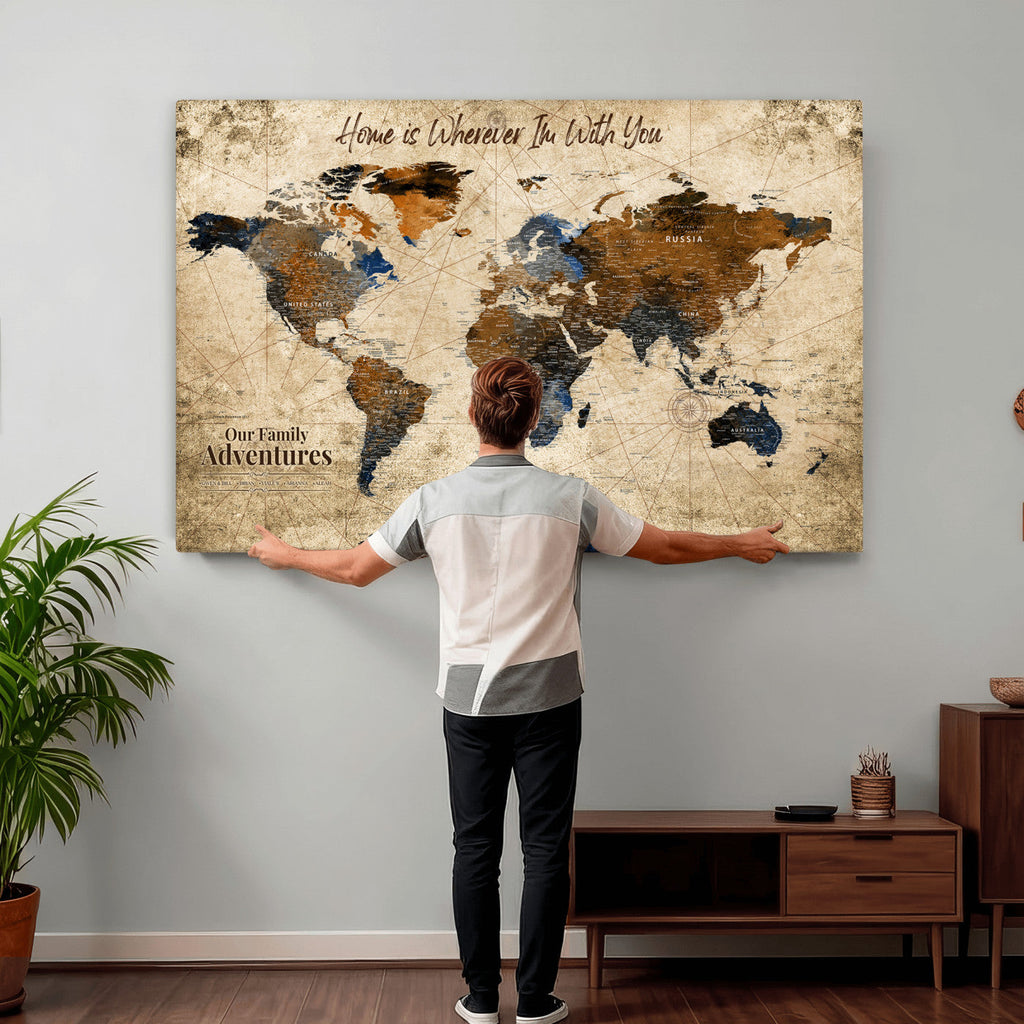 World Map Wall Art | Rustic Earth Tone Canvas Print, Antique Travel Map