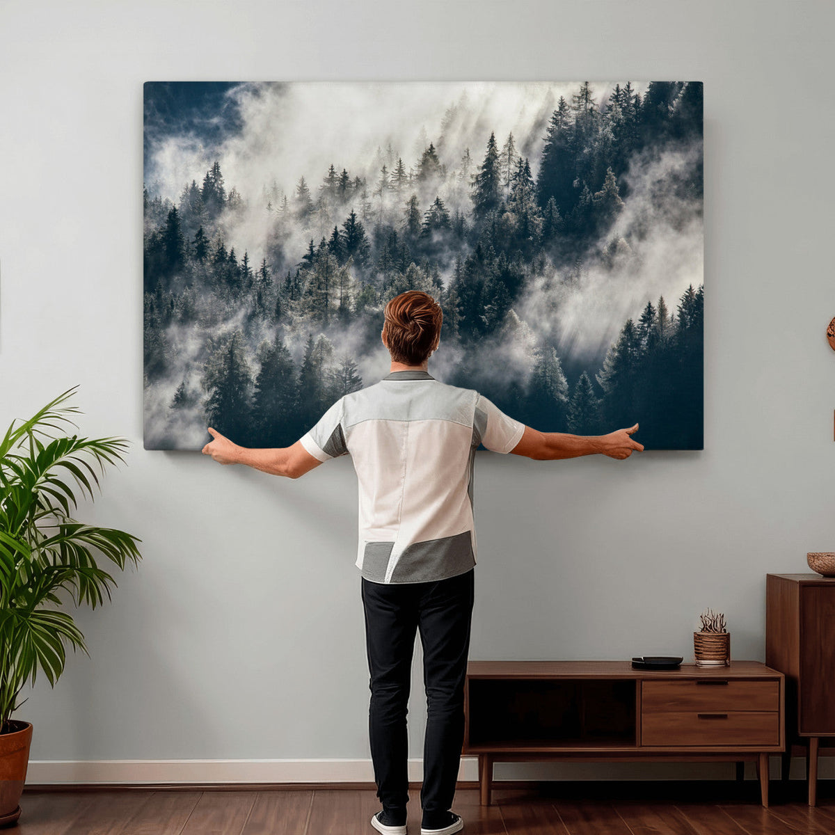 Foggy Mountain Forest Canvas Print, Misty Pine Trees Nature Wall Art