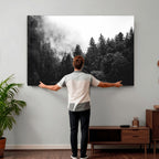 Black White Forest Wall Art Canvas Print, Misty Pine Tree Landscape