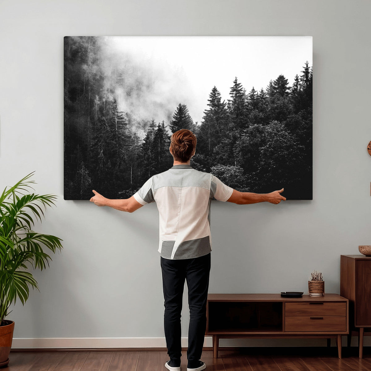 Black White Forest Wall Art Canvas Print, Misty Pine Tree Landscape