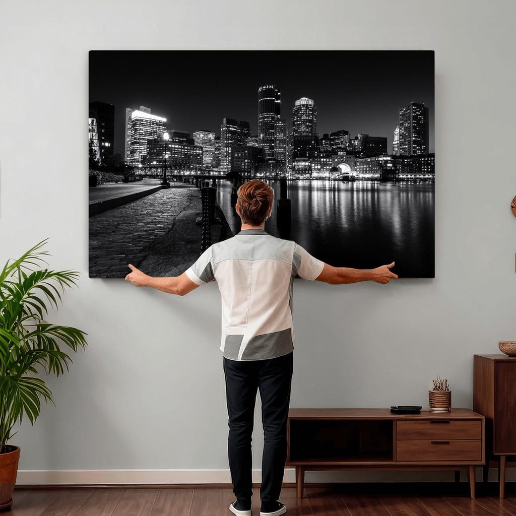 Boston Wall Art Canvas Print, Boston City Downtown Night Cityscape