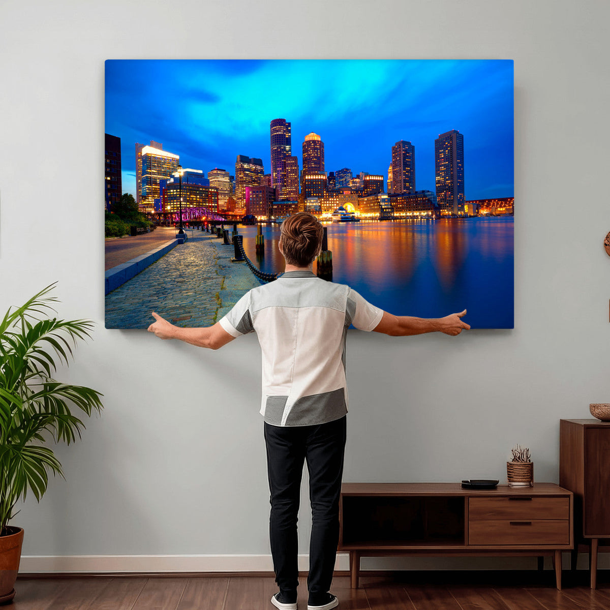 Boston Wall Art Canvas Print, Boston City Downtown Night Cityscape