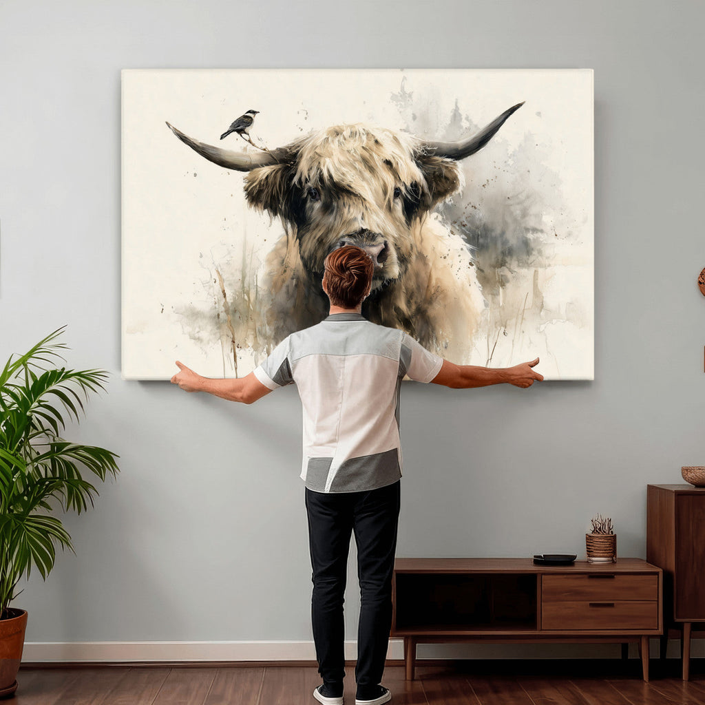 Abstract Highland Cow Wall Art Canvas Print, Rustic Farm Cattle Portrait