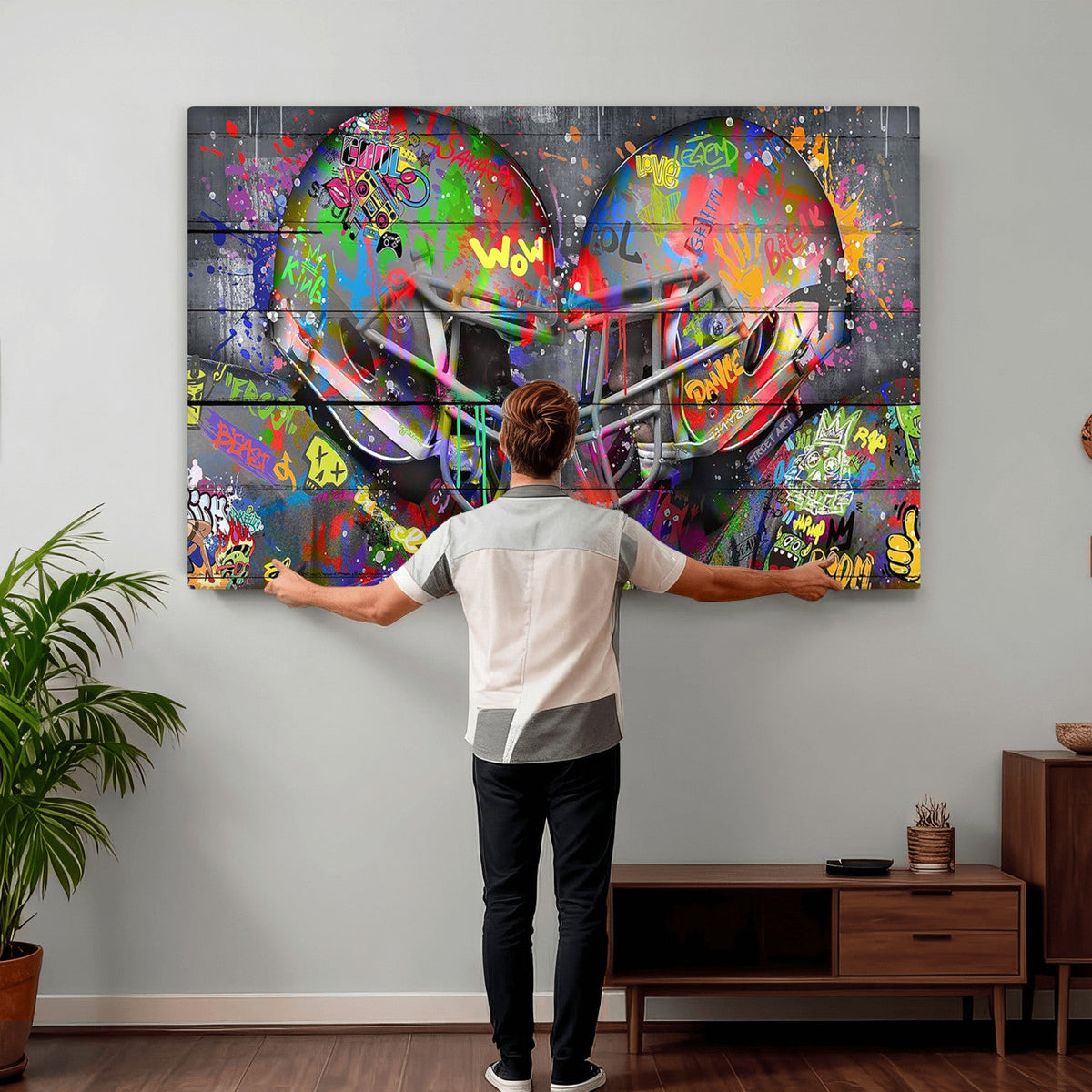 Graffiti Football Helmets Wall Art Canvas Print, Urban Street Art