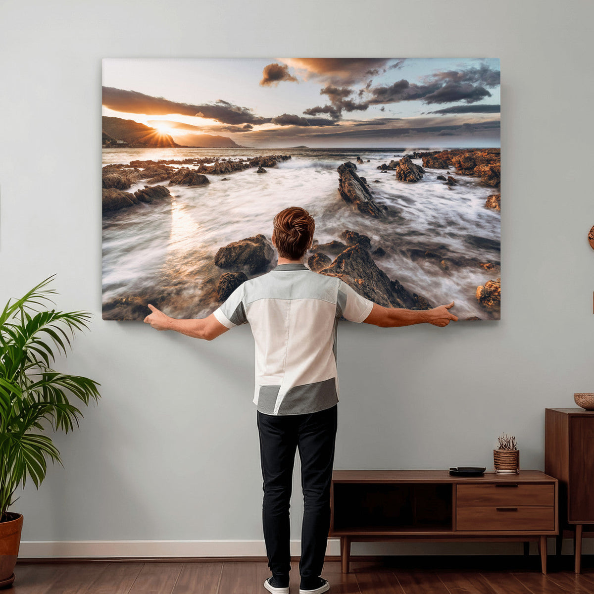 Rocky Coast Ocean Sunset Wall Art Canvas Print, Dramatic Seascape Nature Decor