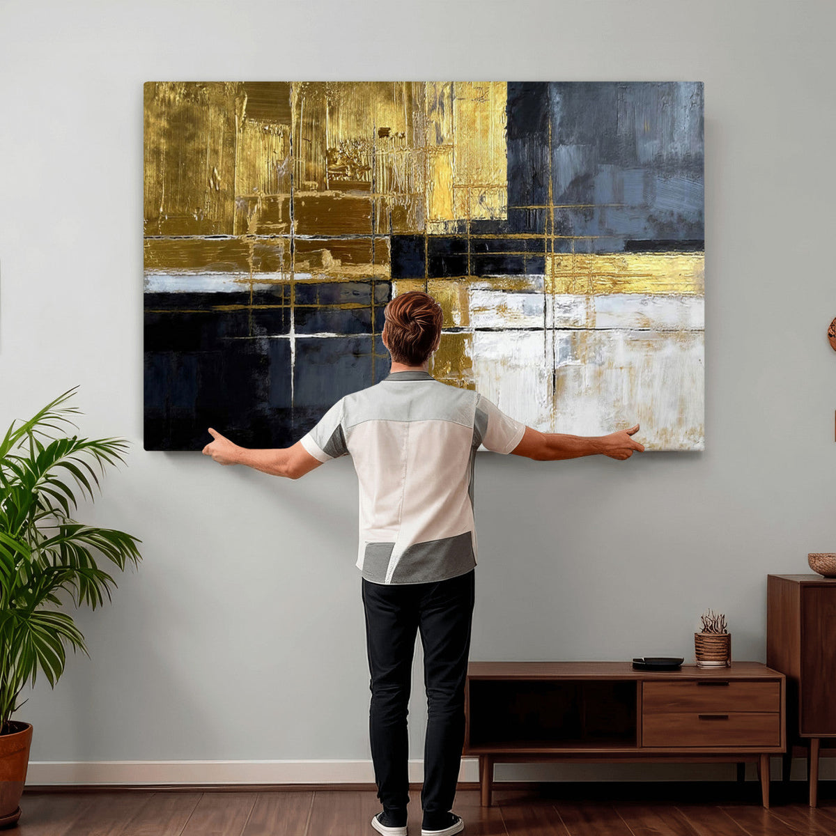 Gold Navy Abstract Wall Art Canvas Print, Modern Luxury Geometric Art for Living Room and Office