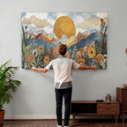 Boho Mountain Landscape Large Wall Art, Horizontal Gold Sun and Flowers Print
