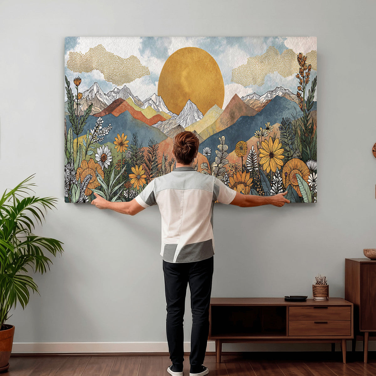 Boho Mountain Landscape Large Wall Art, Horizontal Gold Sun and Flowers Print