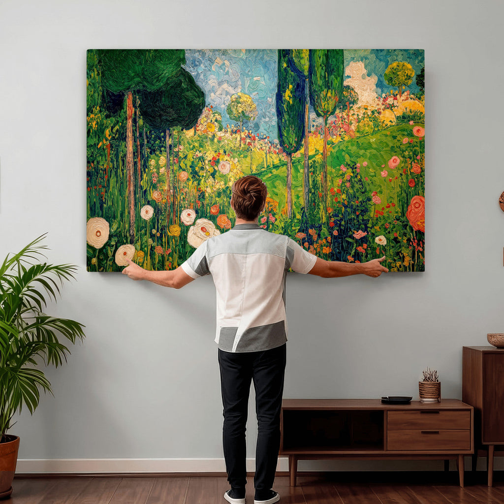 Gustav Klimt Boho Mountain Landscape Large Wall Art, Gold Sun and Flowers Print