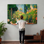 Gustav Klimt Boho Mountain Landscape Large Wall Art, Gold Sun and Flowers Print