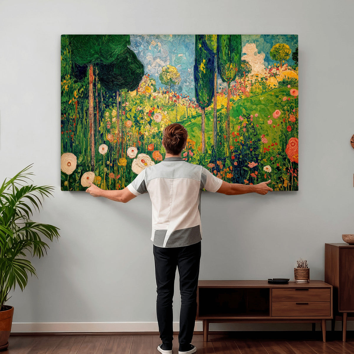 Gustav Klimt Boho Mountain Landscape Large Wall Art, Gold Sun and Flowers Print