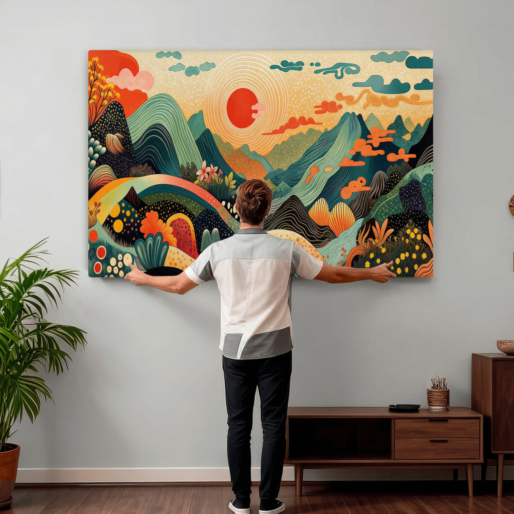 Yayoi Kusama Boho Mountain Landscape Large Wall Art, Gold Sun and Flowers Print