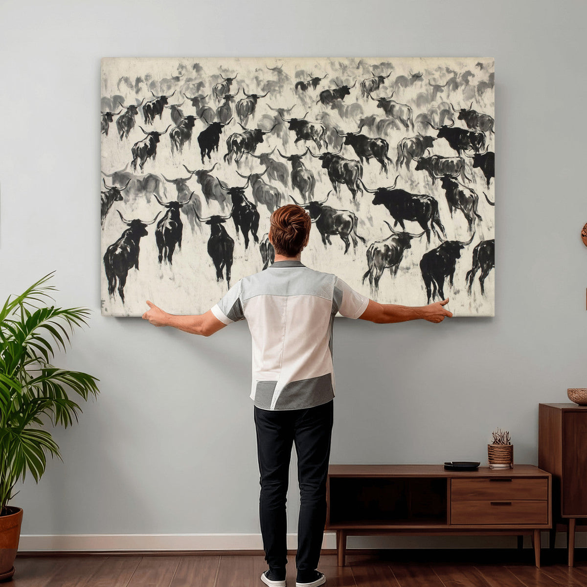 Longhorn Cattle Canvas Wall Art, Black White Stampede Ink