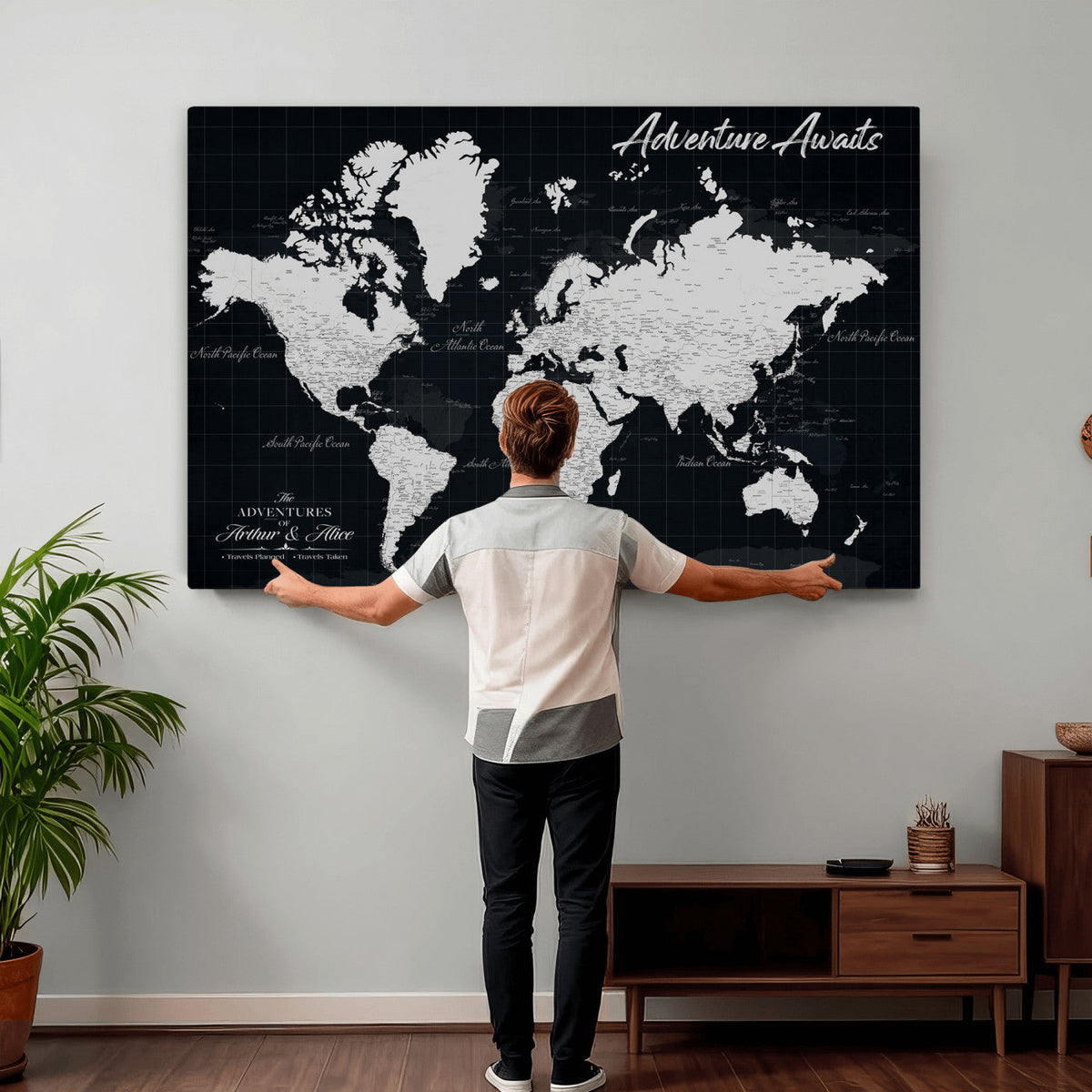 Personalized Black Push Pin Travel Map Canvas Print, Couples Countries Visited Map, Entryway and Hallway Decor