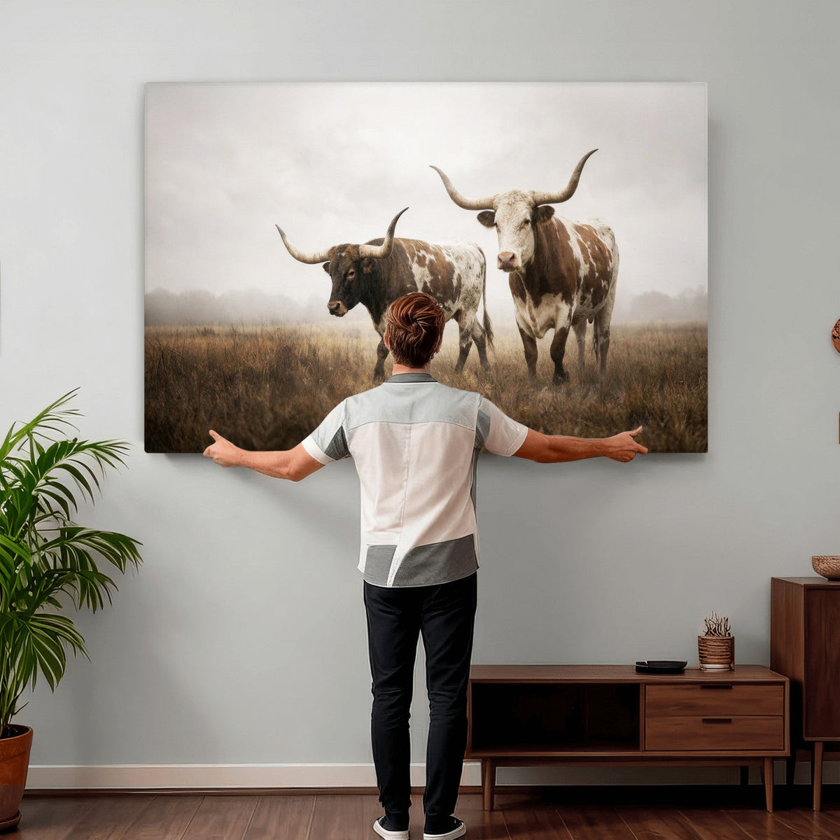 Texas Longhorn Canvas Wall Art Western Bull Desert, Rustic Farmhouse Wall Decor