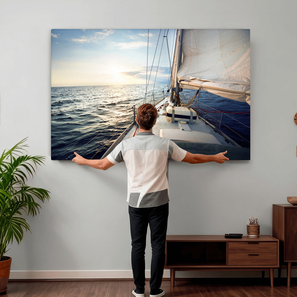Sailboat Wall Art Canvas Print, Ocean Sunset Sailing Framed Artwork