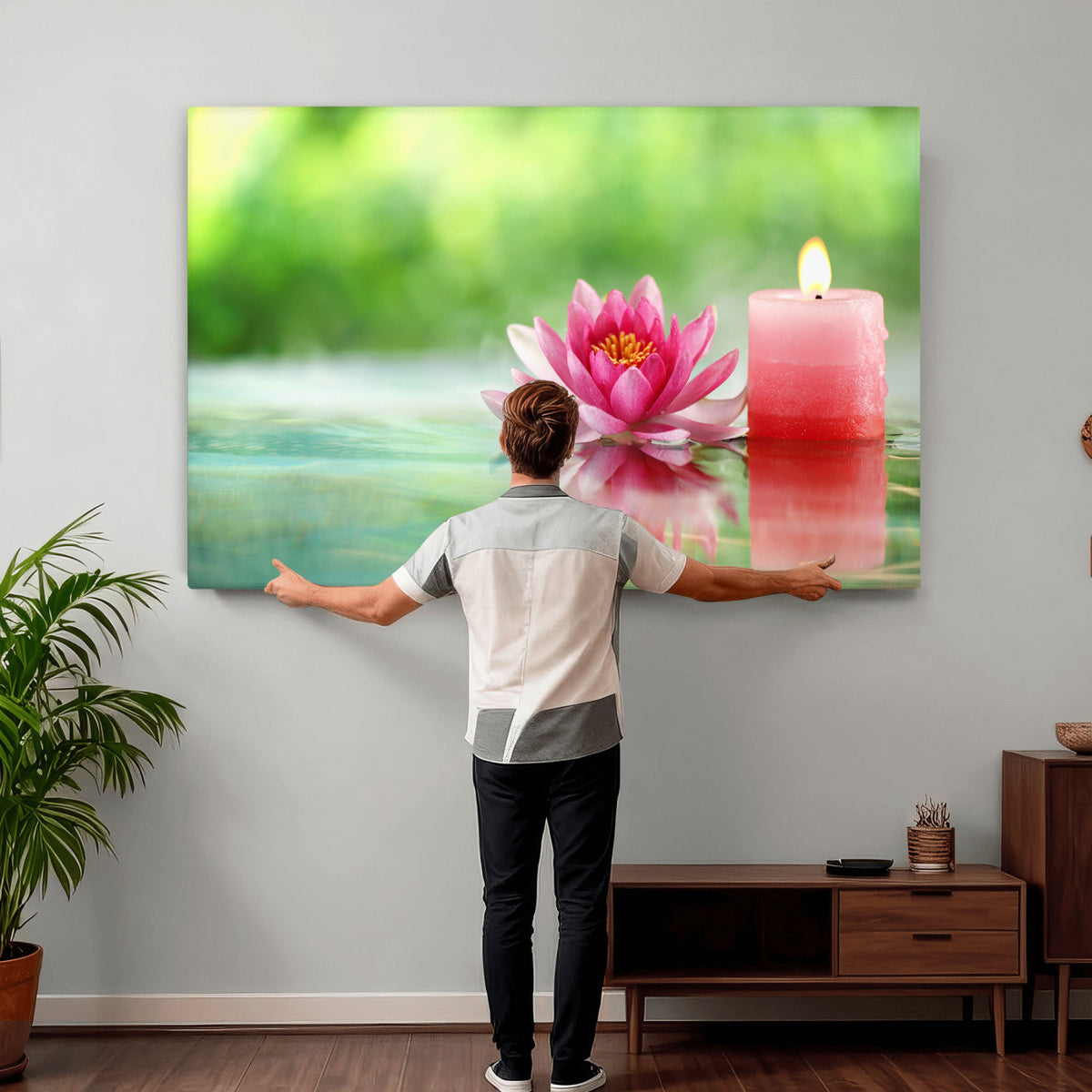Zen Lotus Candle Canvas Wall Art, Pink Spa Meditation Decor