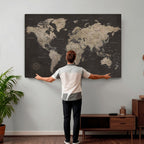 World Map Canvas Wall Art, Dark Charcoal and Antique Tan Detailed Map