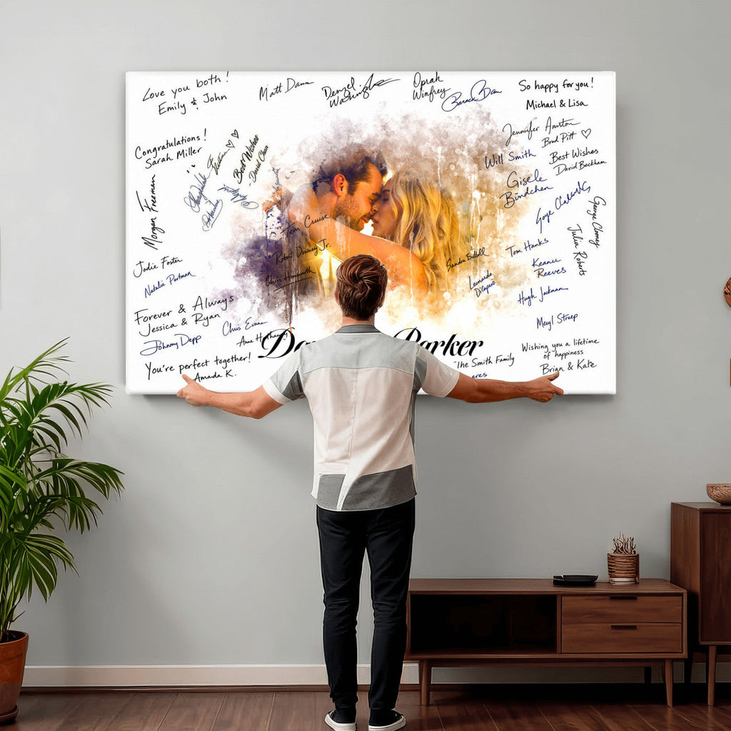 Ink Splash Wedding Guest Book Canvas, Personalized Couple Photo Sign