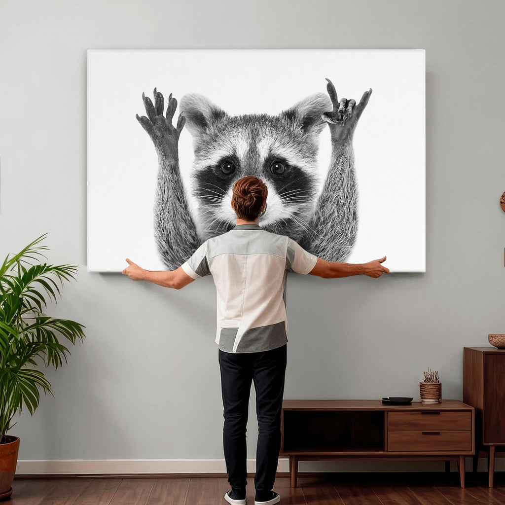 Funny Raccoon Canvas Wall Art, Black White Hands Up Animal Photo Print