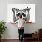 Funny Raccoon Canvas Wall Art, Black White Hands Up Animal Photo Print