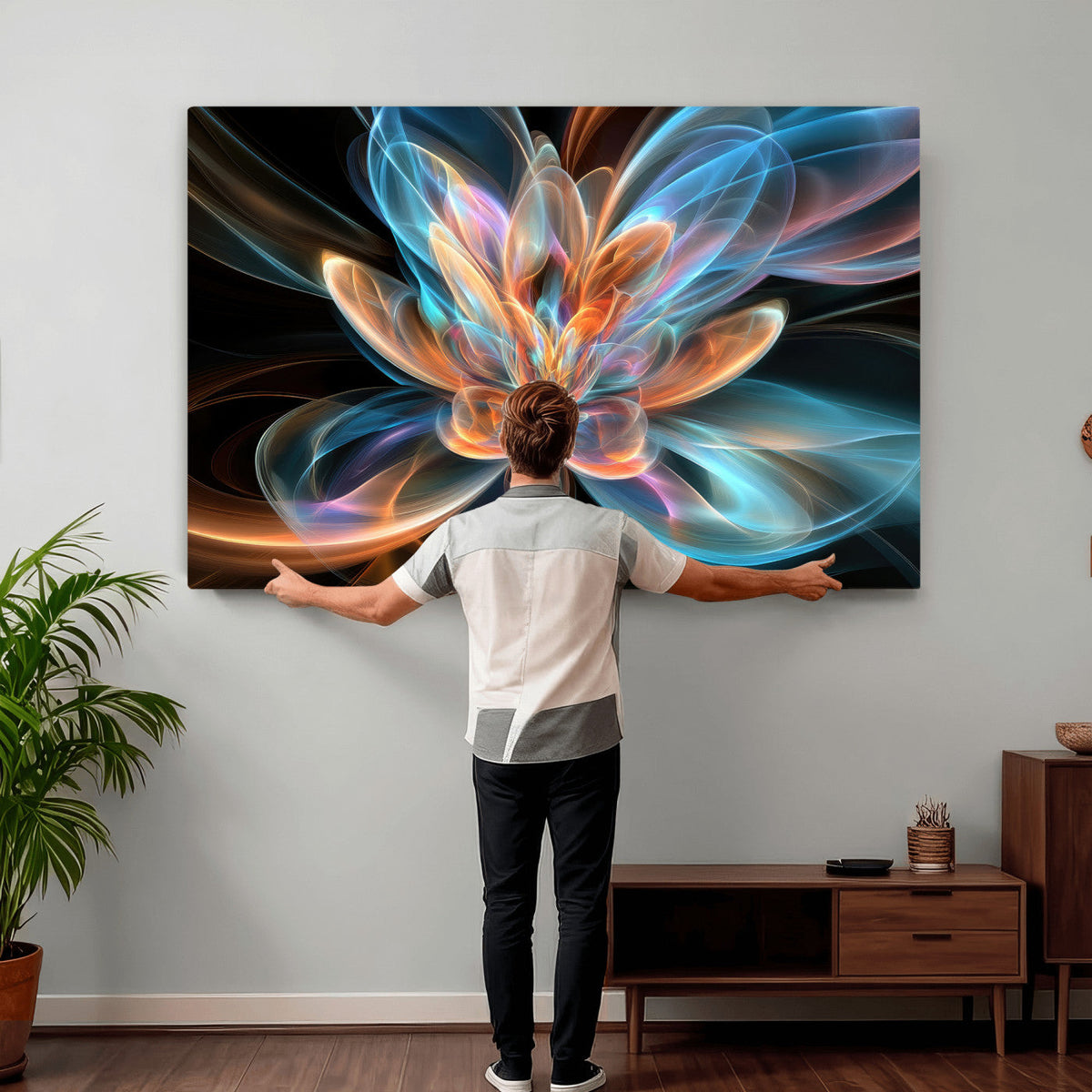 Fractal Lotus Canvas Wall Art, Blue Orange Glowing Flower Abstract Print
