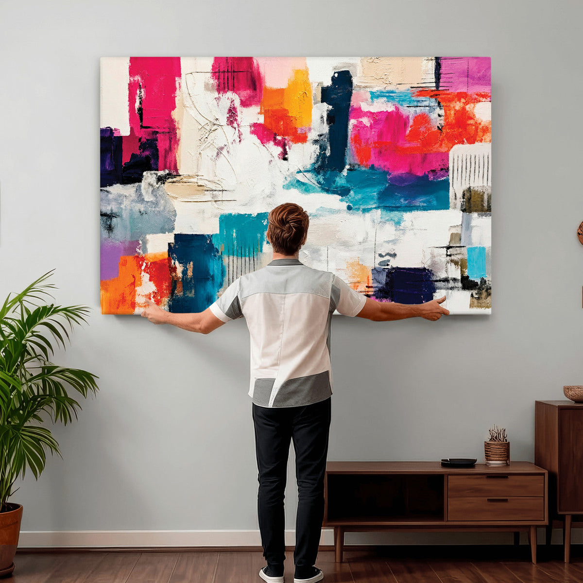 Blue Teal Abstract Canvas Wall Art, Modern Brushstroke Style Print, Navy Orange Contemporary Decor