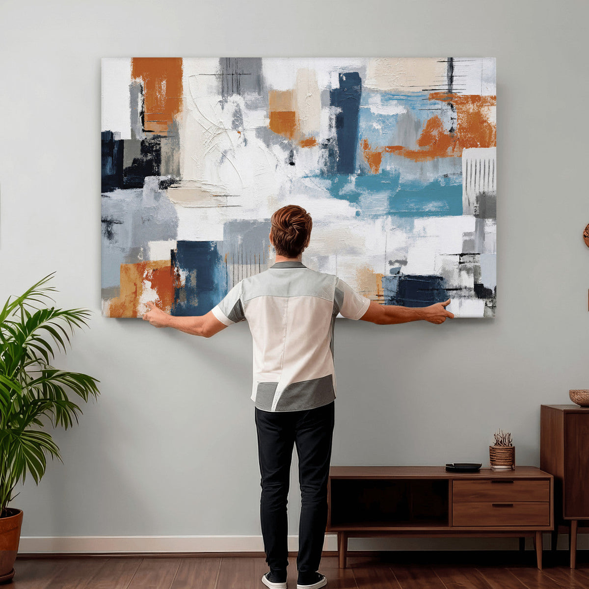 Blue Teal Abstract Canvas Wall Art, Modern Brushstroke Style Print, Navy Orange Contemporary Decor