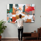 Blue Teal Abstract Canvas Wall Art, Modern Brushstroke Style Print, Navy Orange Contemporary Decor