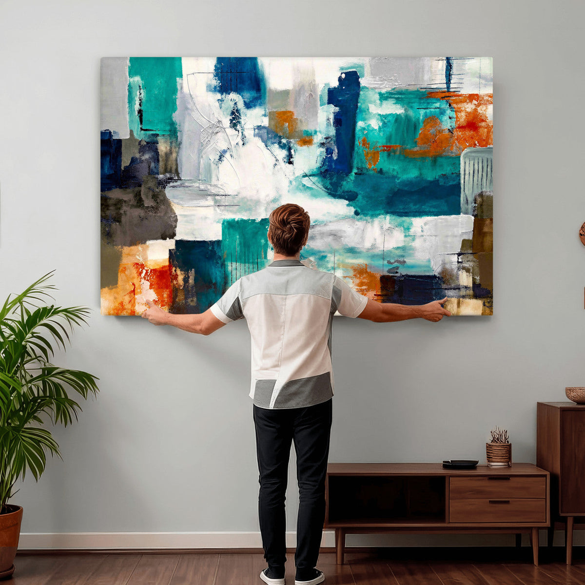 Blue Teal Abstract Canvas Wall Art, Modern Brushstroke Style Print, Navy Orange Contemporary Decor