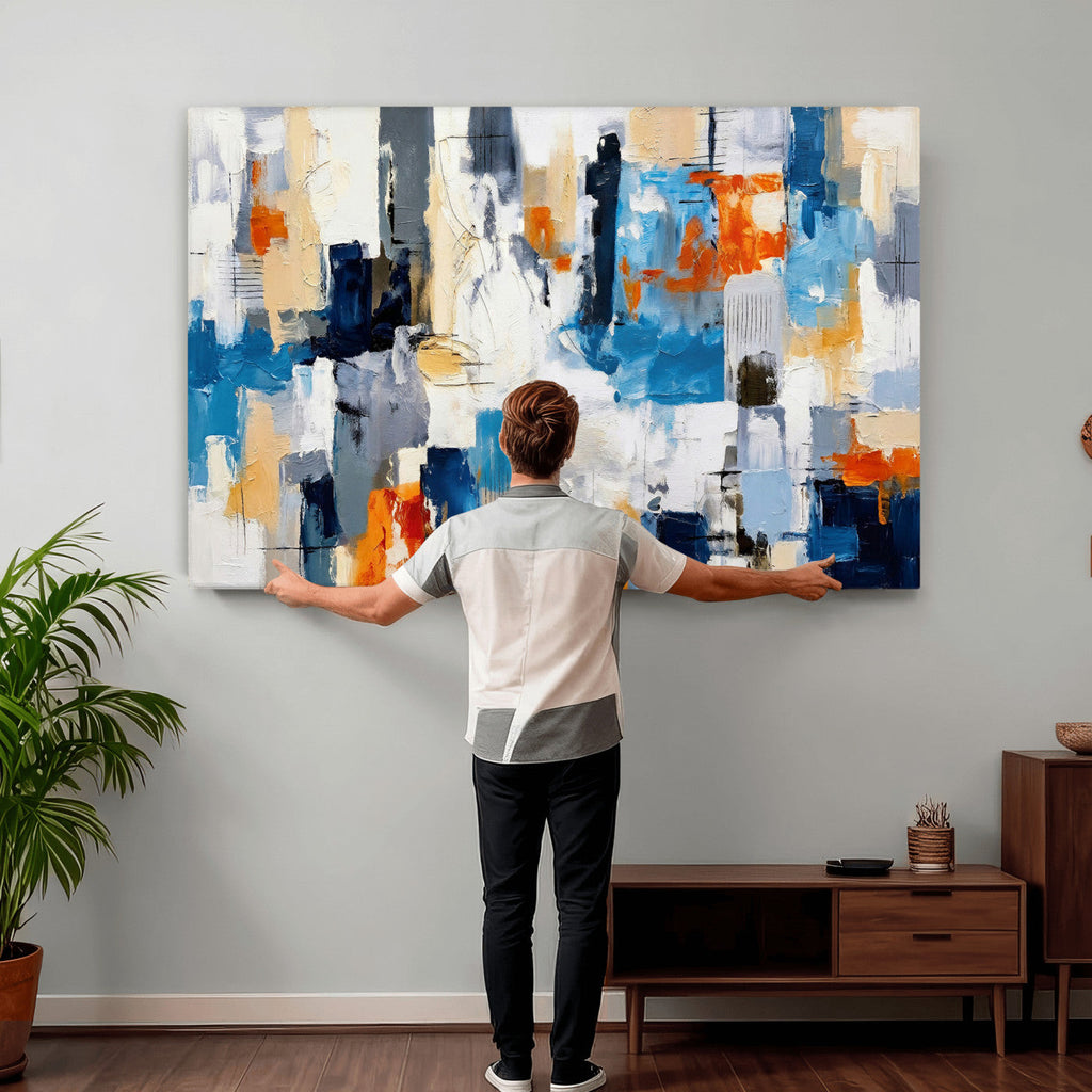 Blue Teal Abstract Canvas Wall Art, Modern Brushstroke Style Painting Print, Navy Orange Contemporary Decor