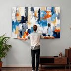 Blue Teal Abstract Canvas Wall Art, Modern Brushstroke Style Painting Print, Navy Orange Contemporary Decor