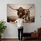 Texas Longhorn Wall Art Canvas Print | Brown Horned Bull Rustic Western Decor