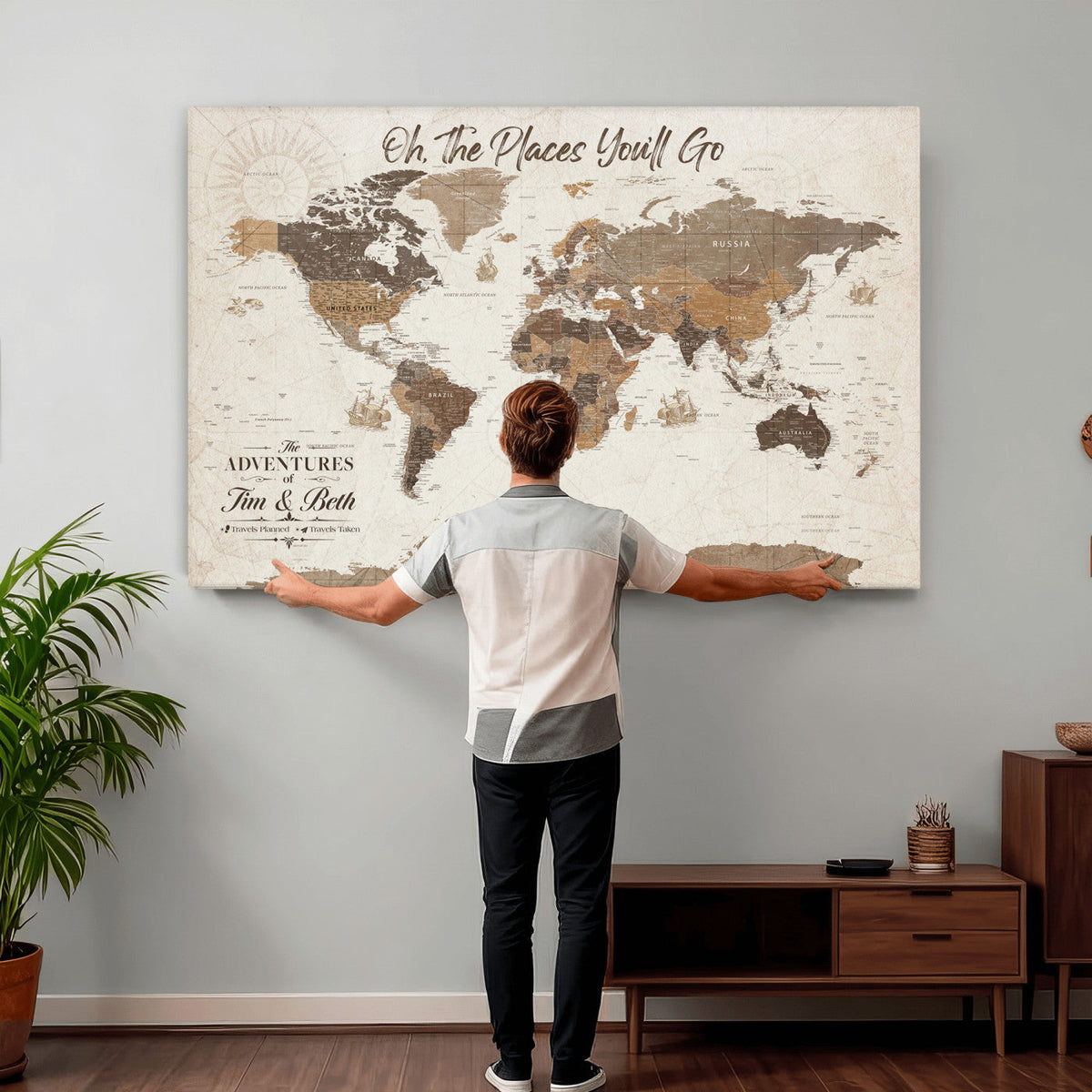 Personalized Beige Geometric Family Push Pin World Map Canvas Print, Honeymoon and Anniversary Gift, Living Room and Study Decor