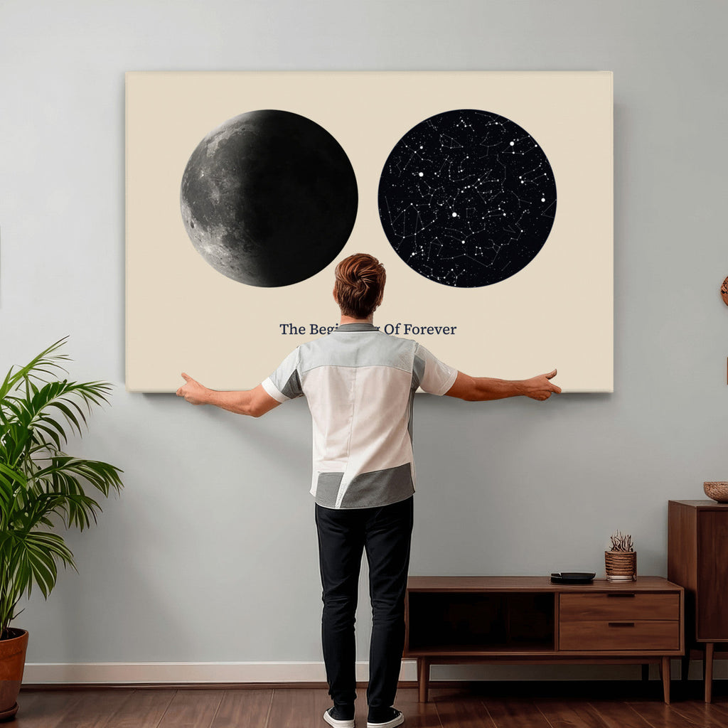 Moon and Stars Canvas Print, Personalized Moon Phase and Star Map Art