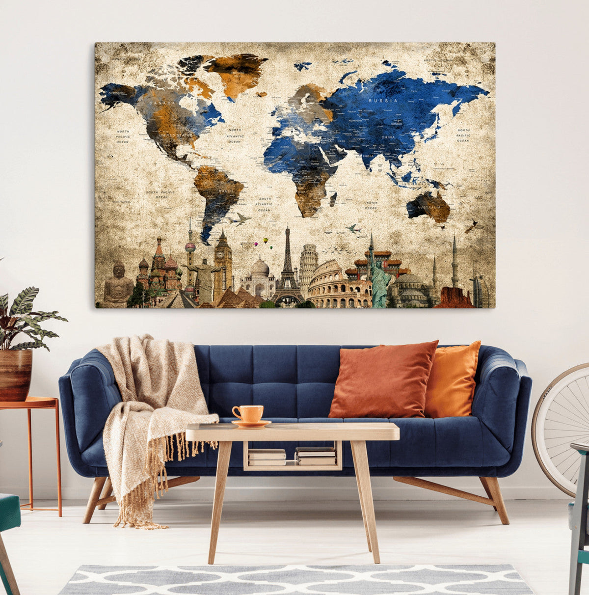 World Map Canvas Print | Vintage Blue and Gold World Map Wall Art