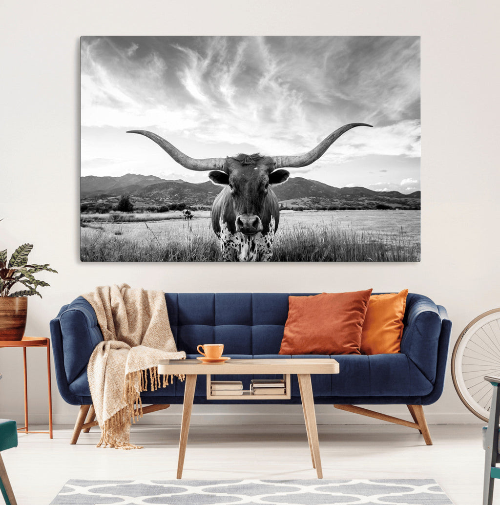 Longhorn Black and White Wall Art | Rustic Western Bull Canvas Print