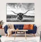 Longhorn Black and White Wall Art | Rustic Western Bull Canvas Print