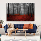 Red Forest Floor Canvas Wall Art | Mystical Foggy Woodland Triptych
