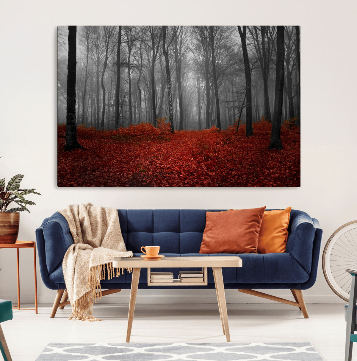 Red Forest Floor Canvas Wall Art | Mystical Foggy Woodland Triptych