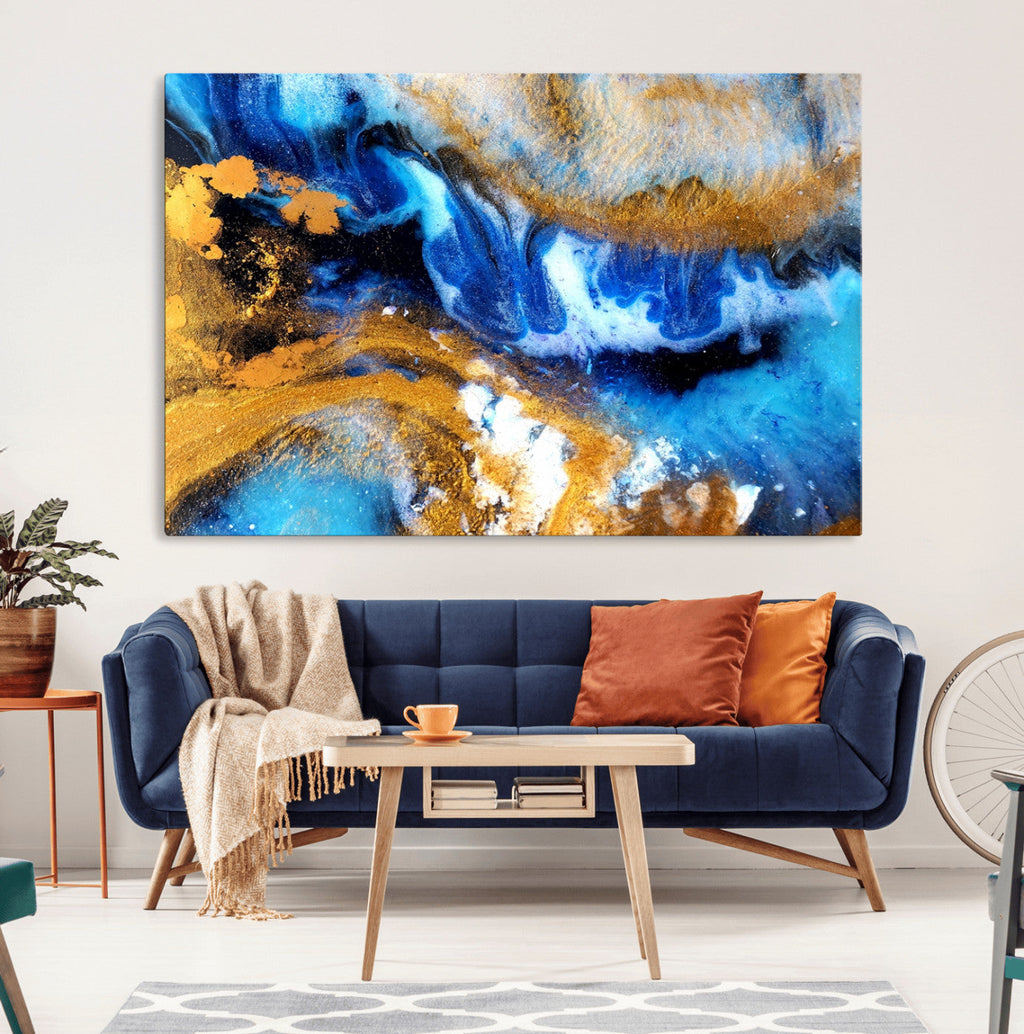 Blue Orange Marble Fluid Effect Canvas Wall Art Print