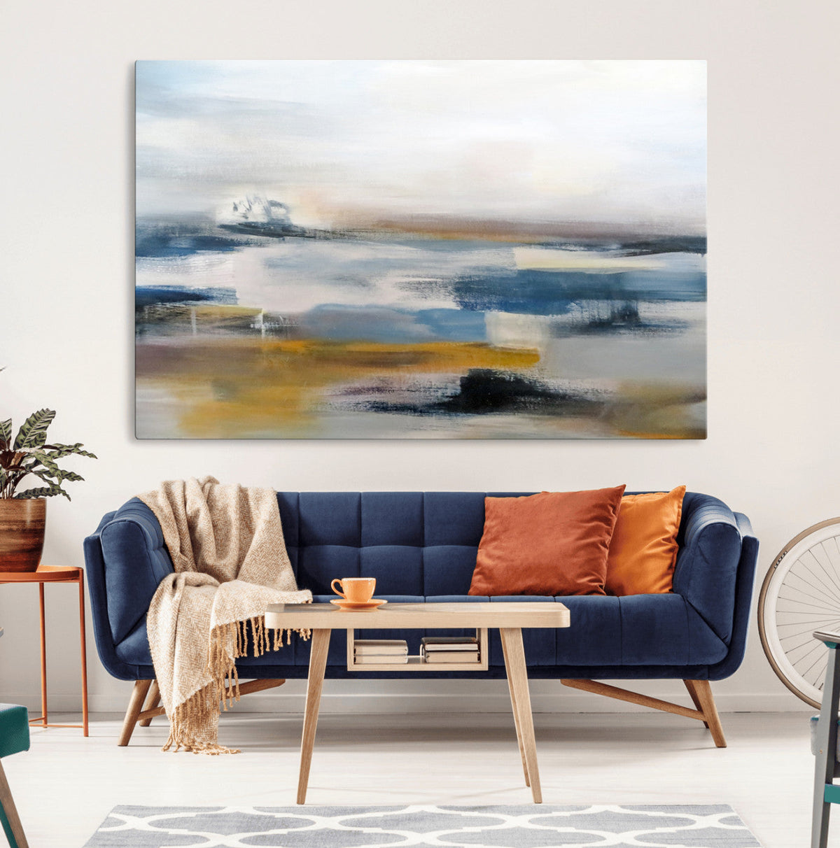 Abstract Landscape Wall Art Canvas | 3 Panel Modern Blue, Gold and White Canvas Art