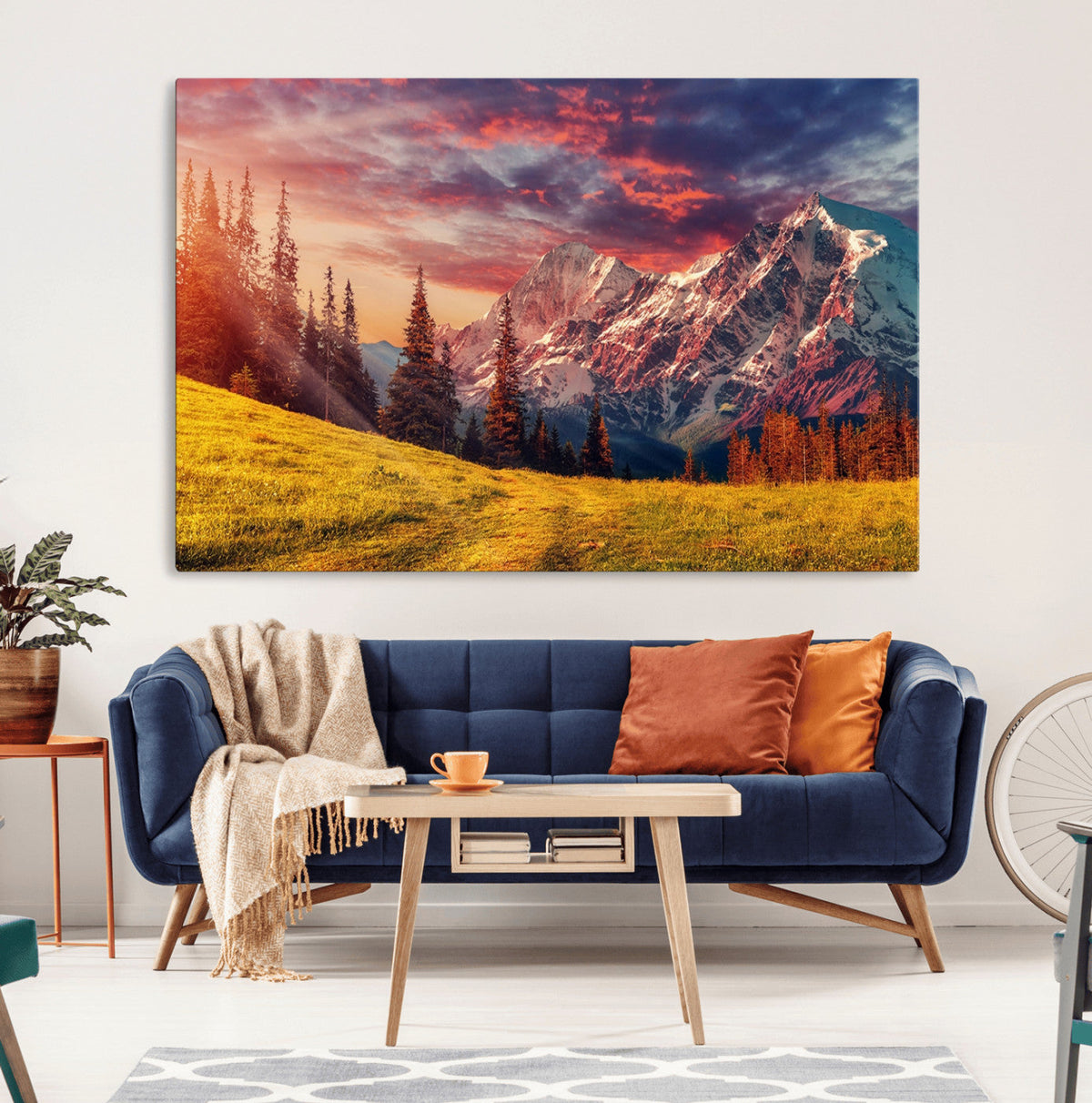 Mountain and Daylight Red Sunset Wall Art Canvas Print