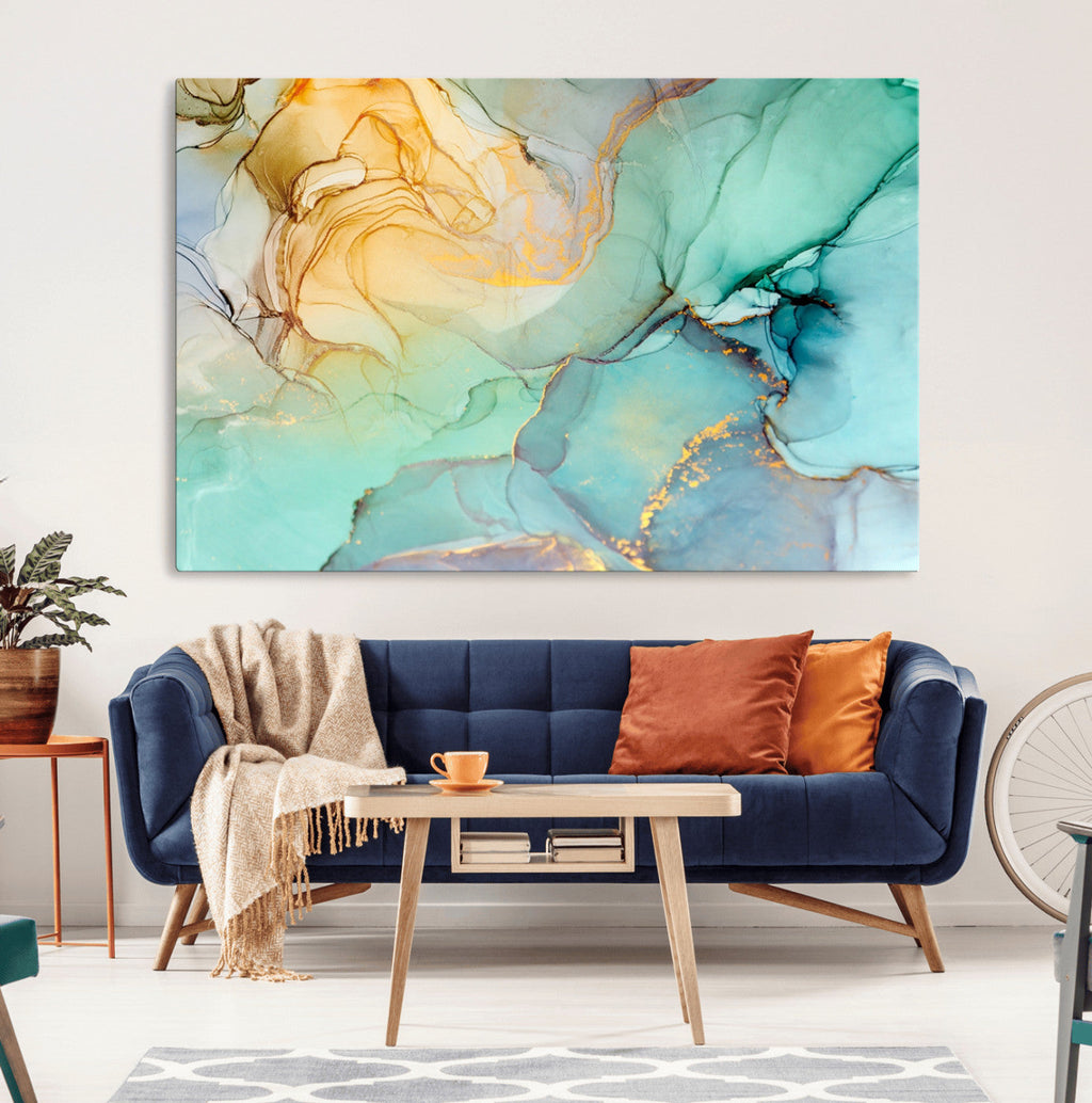 Abstract Aqua and Gold Fluid Wall Art Canvas | 3 Panel Large Canvas Print