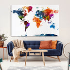 Bold Colorful World Map Canvas Print | Detailed Map of the World Wall Art