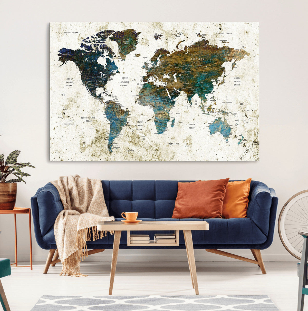 Vintage World Map Wall Art Canvas Print, Framed Rustic Earth Tone Map